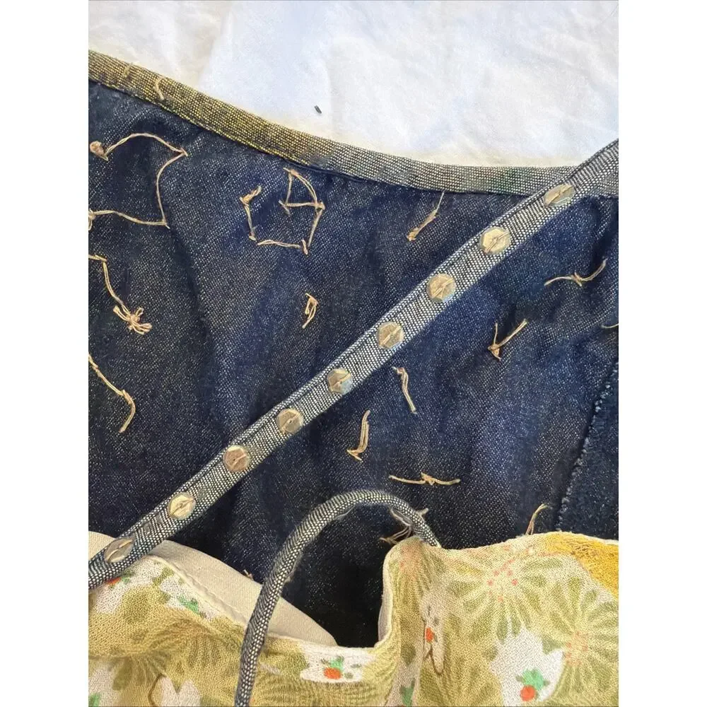 Vintage Y2K European Denim Embellished Crop Top With Layered Floral Ruffles - Picture 4 of 8